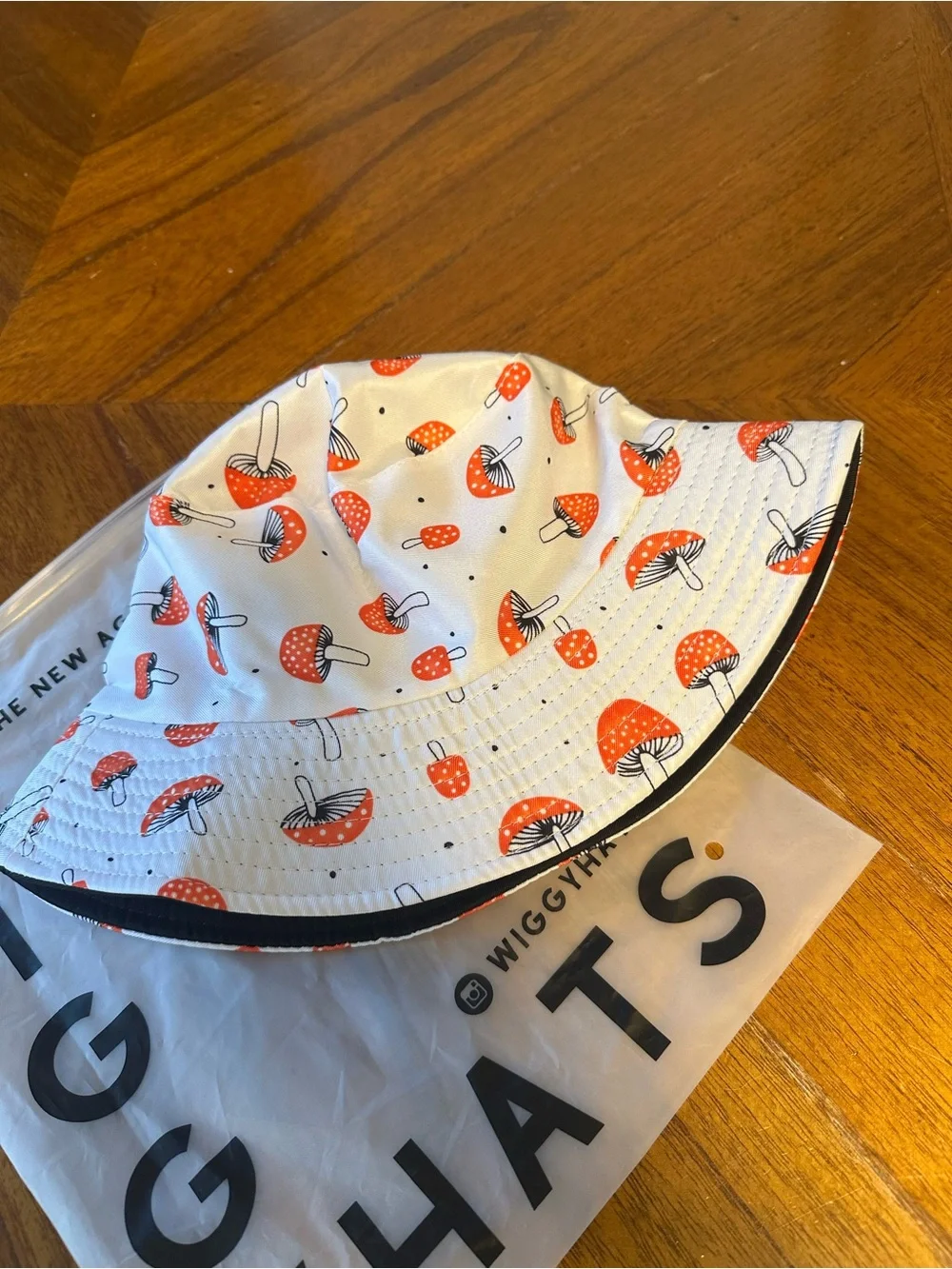Womens White Bucket Hat with Red Mushroom Print